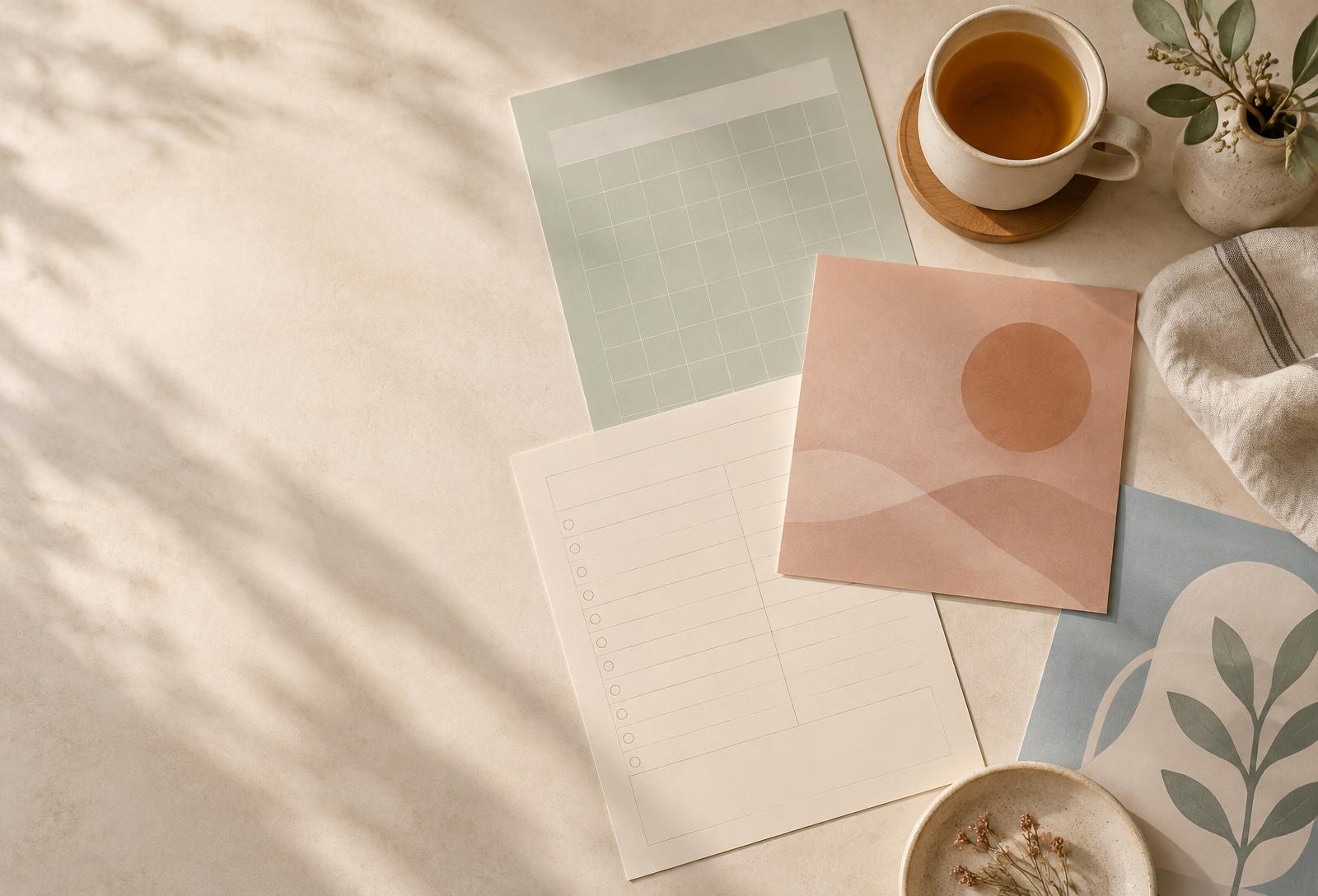A calm desk with a cup of tea, a content calendar, and thoughtfully designed practice materials